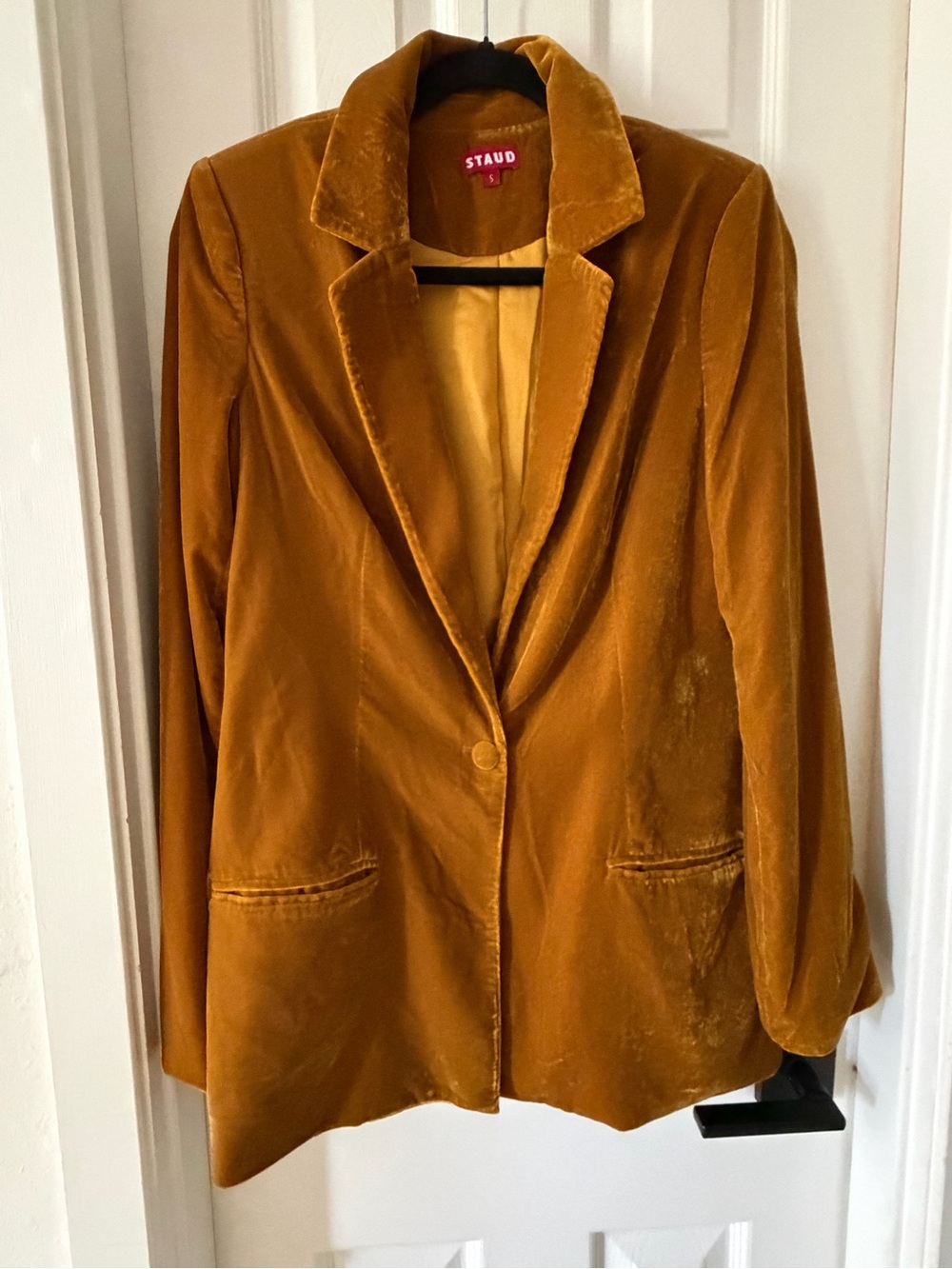 STAUD Velvet Blazer Jacket in Mustard Gold